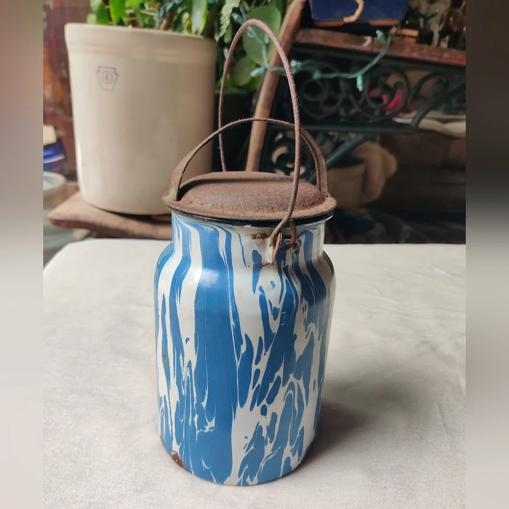 Antique Graniteware Milk Canister Pail Blue White Swirl Metal Lid Wire Handle